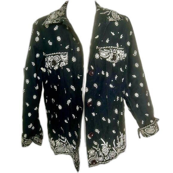 B&W Quacker Factory Black Handkerchief Print Beaded Embroidered Jacket Size S - Picture 1 of 8